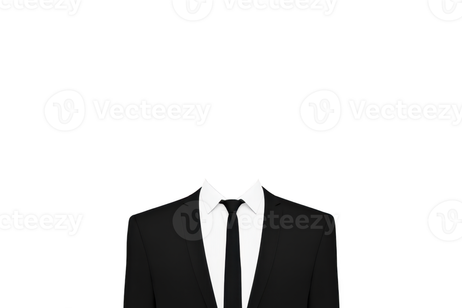 A headless figure in black suit and tie stands against plain background, creating surreal and mysterious atmosphere. absence of head adds intriguing and thought provoking element png