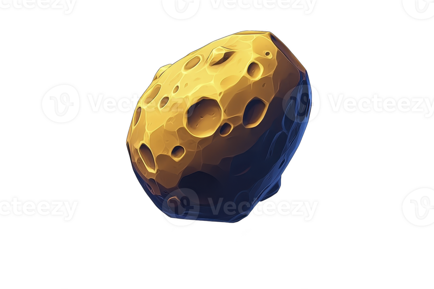 A digitally rendered asteroid with textured surface, featuring bright yellow and dark blue color scheme, floating against transparent background. design is stylized and abstract png