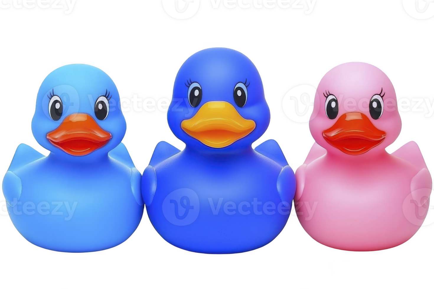 A Three colorful rubber ducks, two blue and one pink, are lined up in row. Each duck has cheerful expression with wide eyes and orange beak, creating playful and vibrant scene png