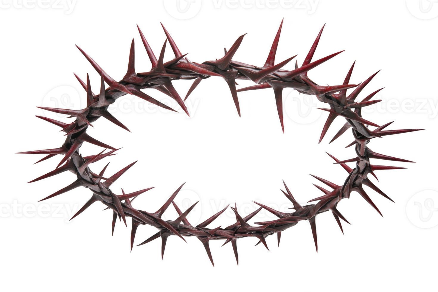 A crown of thorns with sharp, red tipped spikes arranged in circular pattern, symbolizing suffering and sacrifice. thorns are intricately detailed, creating dramatic and intense visual png