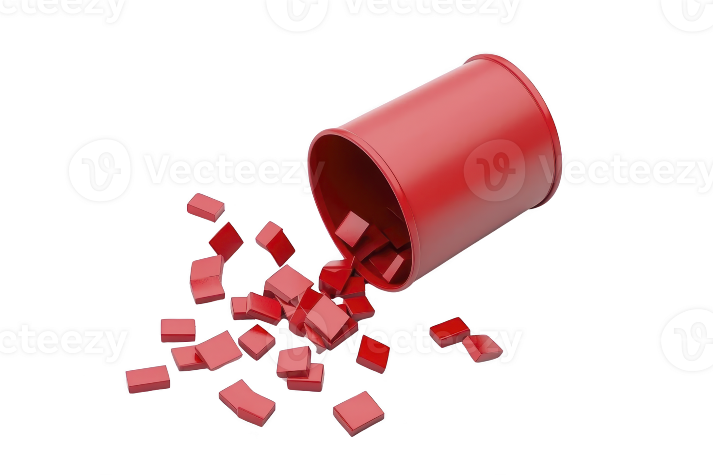 A red cup is tipped over, spilling numerous small red tiles onto surface, creating scattered and dynamic arrangement. scene is vibrant and visually striking png