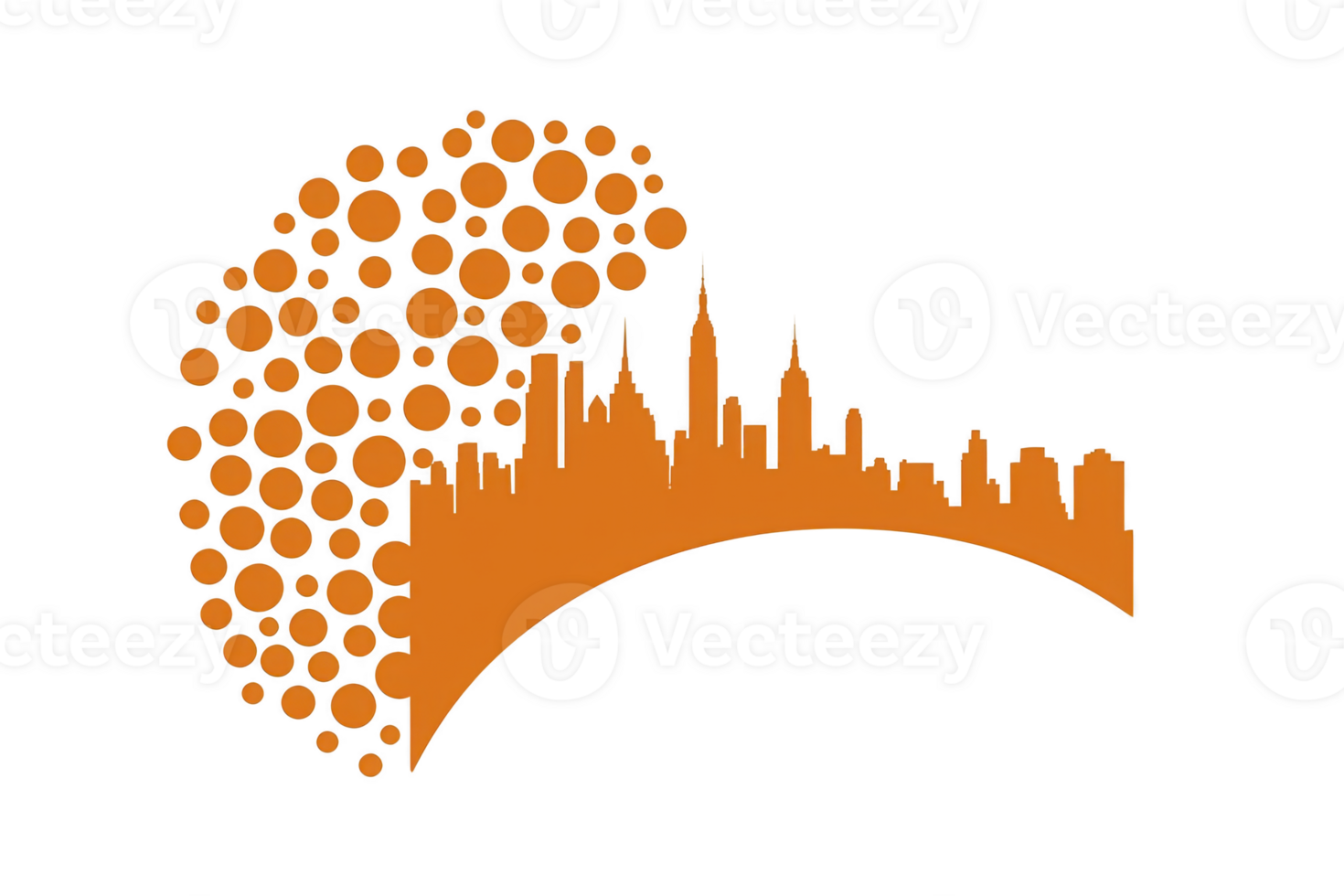 An image features orange city skyline silhouette with dotted pattern forming semicircle, creating modern and dynamic design. skyline includes various skyscrapers, suggesting urban theme png