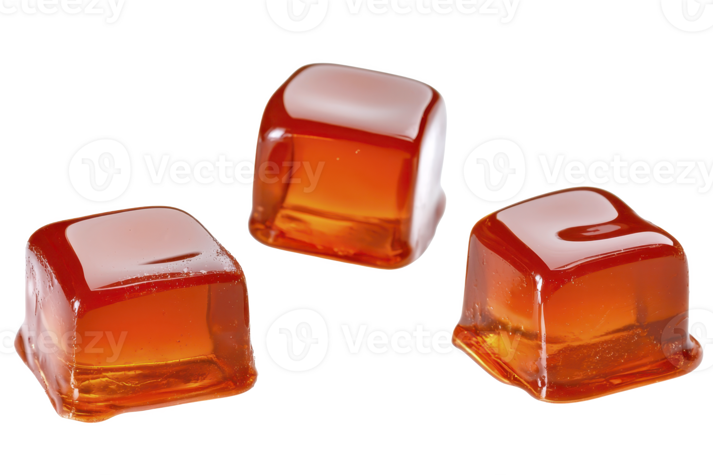 A Three translucent amber colored gelatin cubes are arranged on transparency background, showcasing their smooth texture and glossy surface. cubes appear appetizing and inviting png