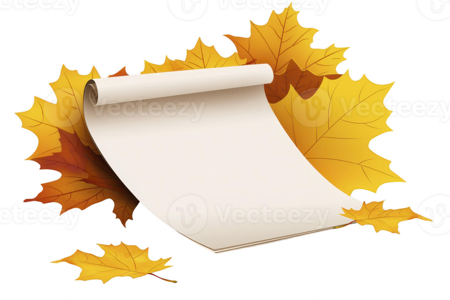 A blank scroll is elegantly placed among vibrant autumn leaves, creating warm and inviting seasonal atmosphere. combination of scroll and leaves evokes sense of nostalgia and creativity png
