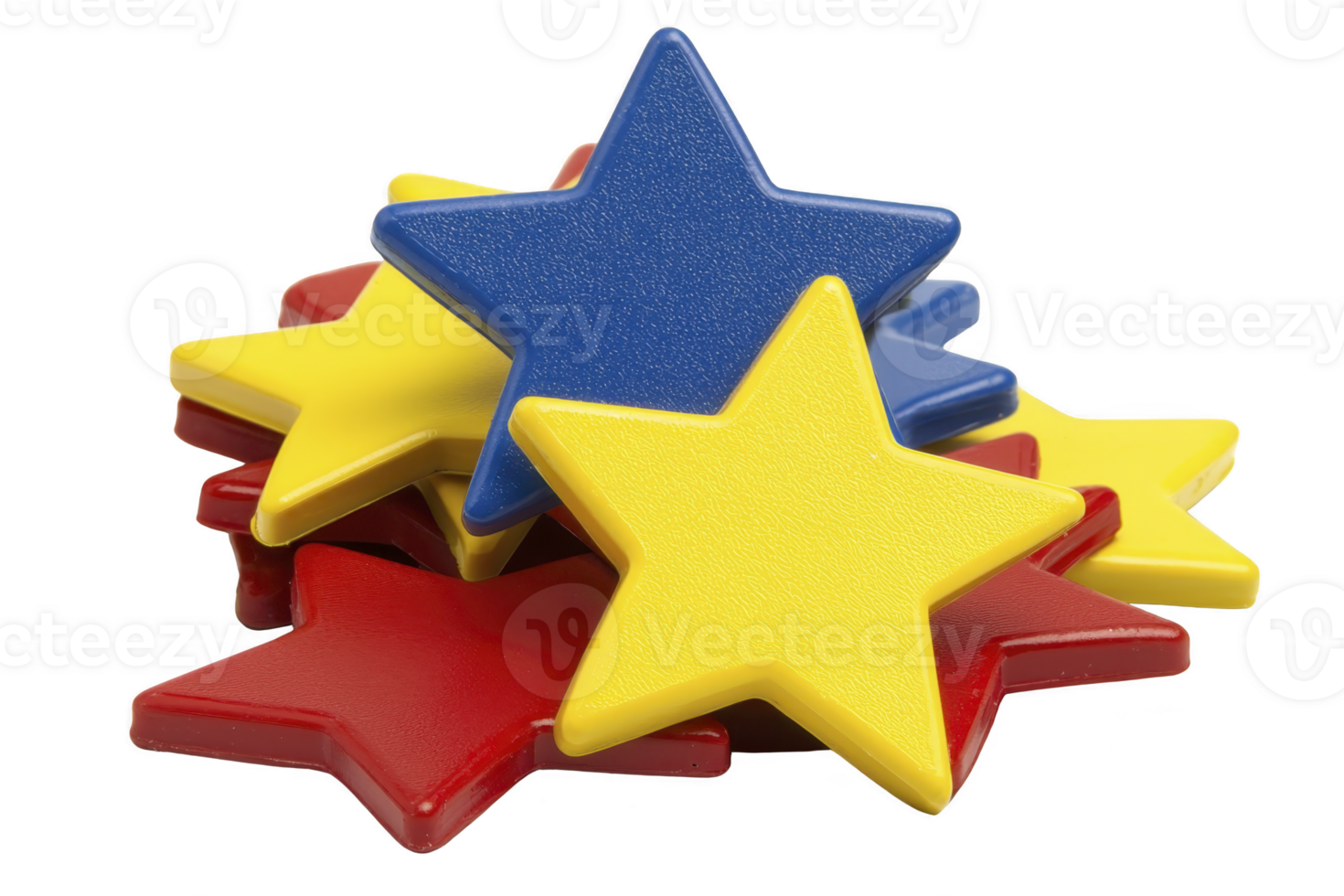 A pile of colorful star shaped objects in red, yellow, and blue, creating playful and vibrant arrangement. stars are stacked randomly, showcasing cheerful and lively design png