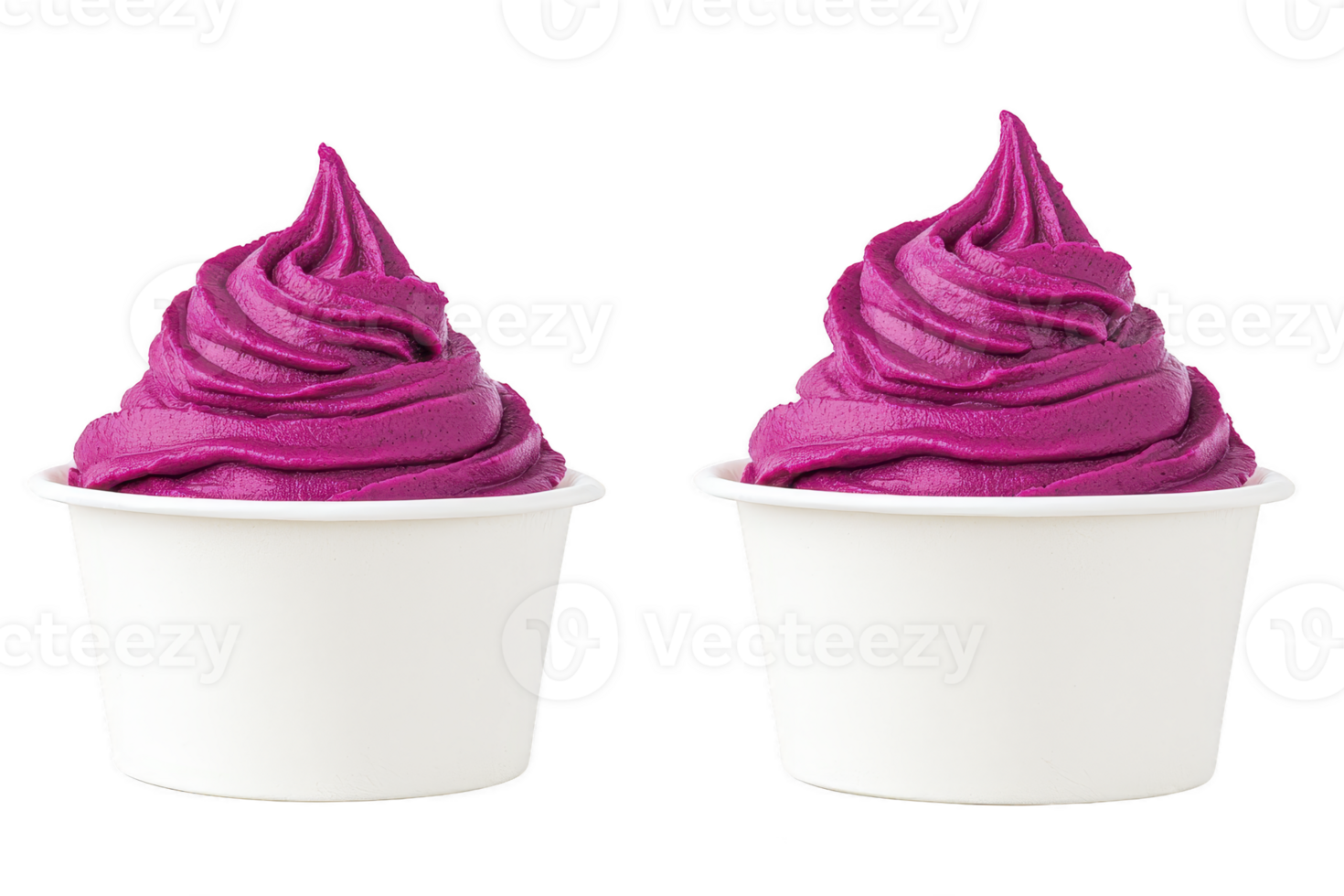 A Two cups of vibrant purple ice cream are displayed, showcasing smooth and creamy texture. ice cream is swirled elegantly in white paper cups, creating visually appealing and delicious treat png