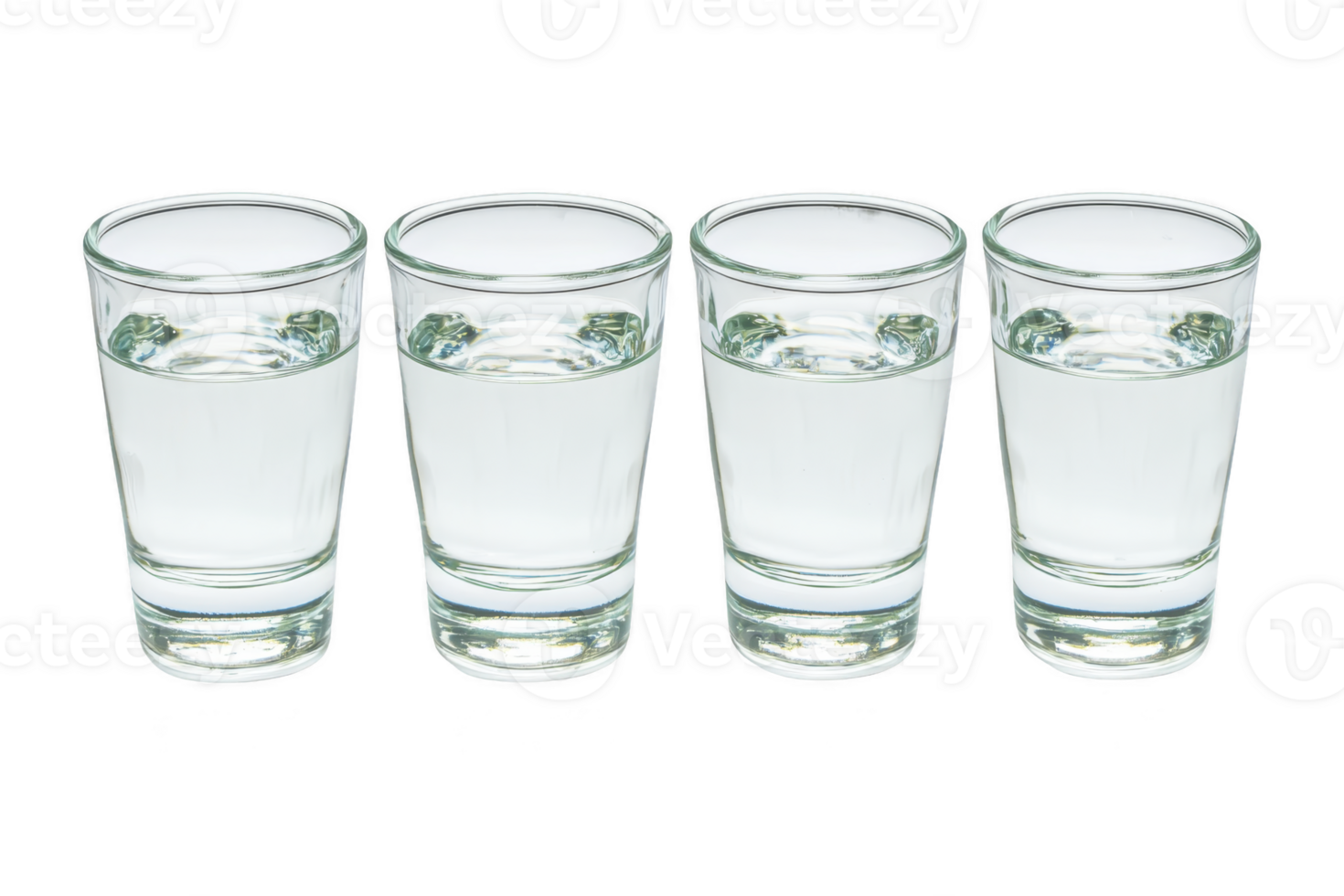 A Four clear glass shot glasses filled with water are lined up in row against transparency background, creating simple and clean composition png