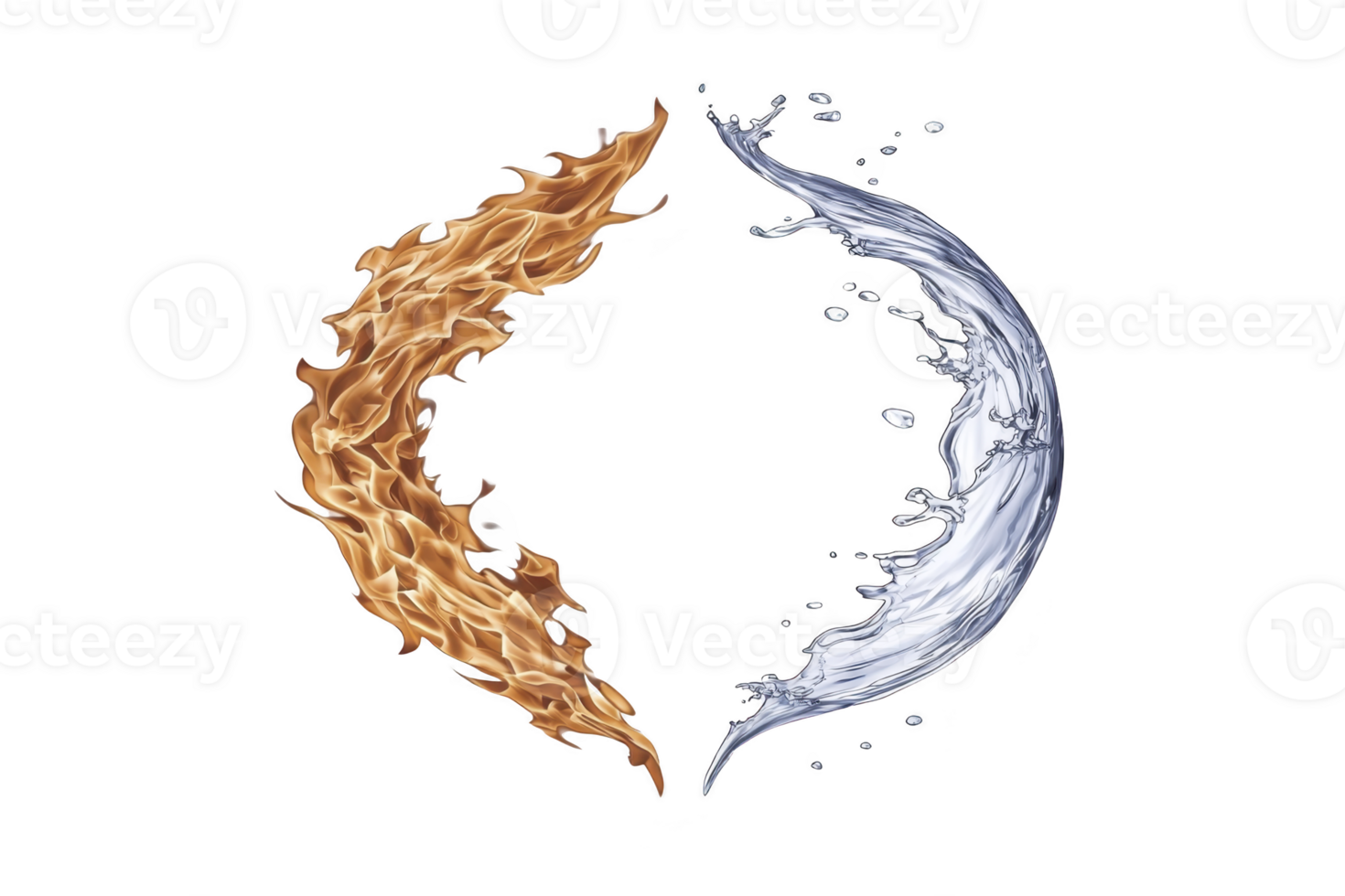 A dynamic illustration of fire and water elements forming yin yang symbol, representing balance and harmony. fiery orange flames contrast with cool blue water splash png