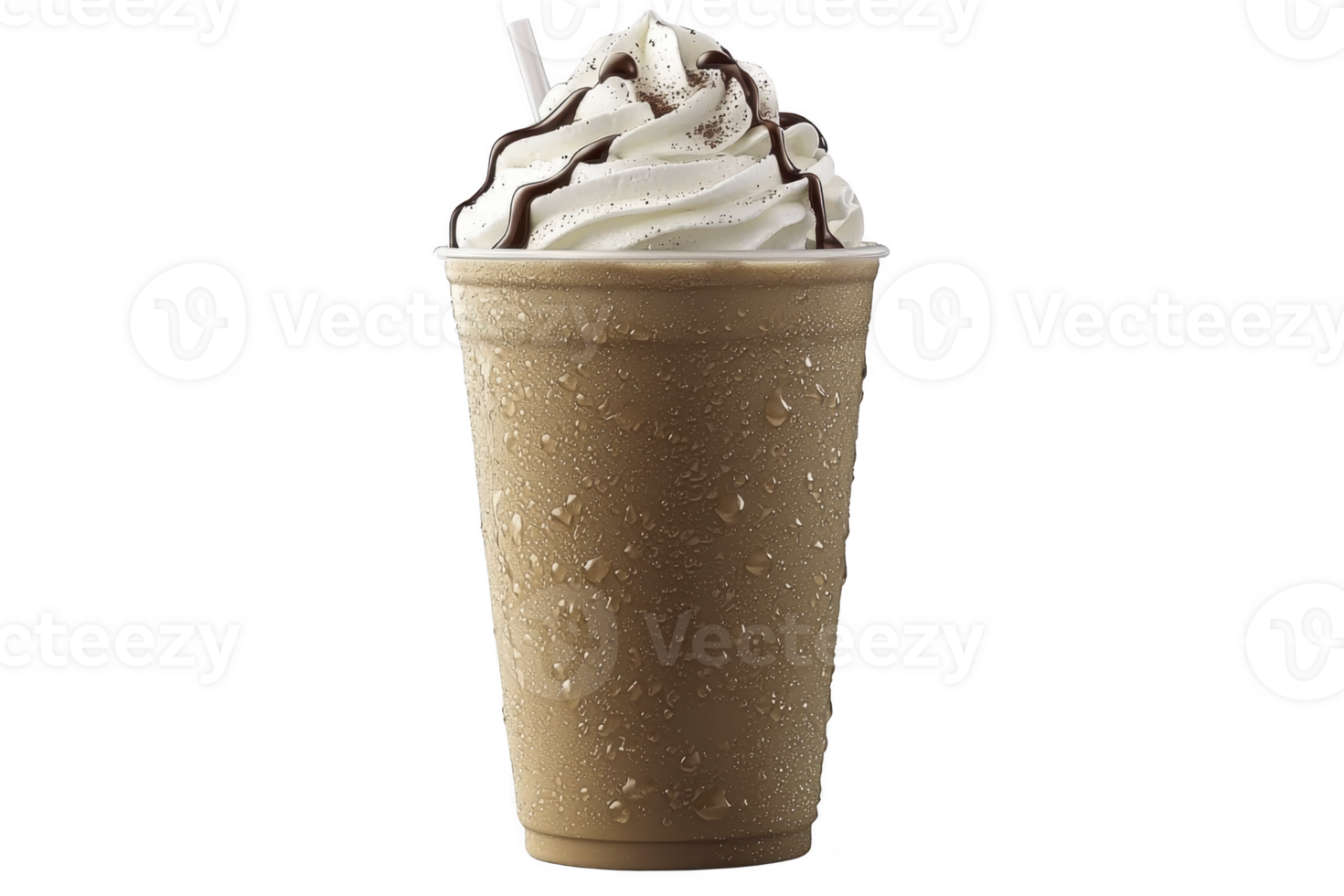 A delicious iced coffee drink topped with whipped cream and chocolate drizzle in plastic cup, with condensation on outside, creating refreshing and indulgent treat png