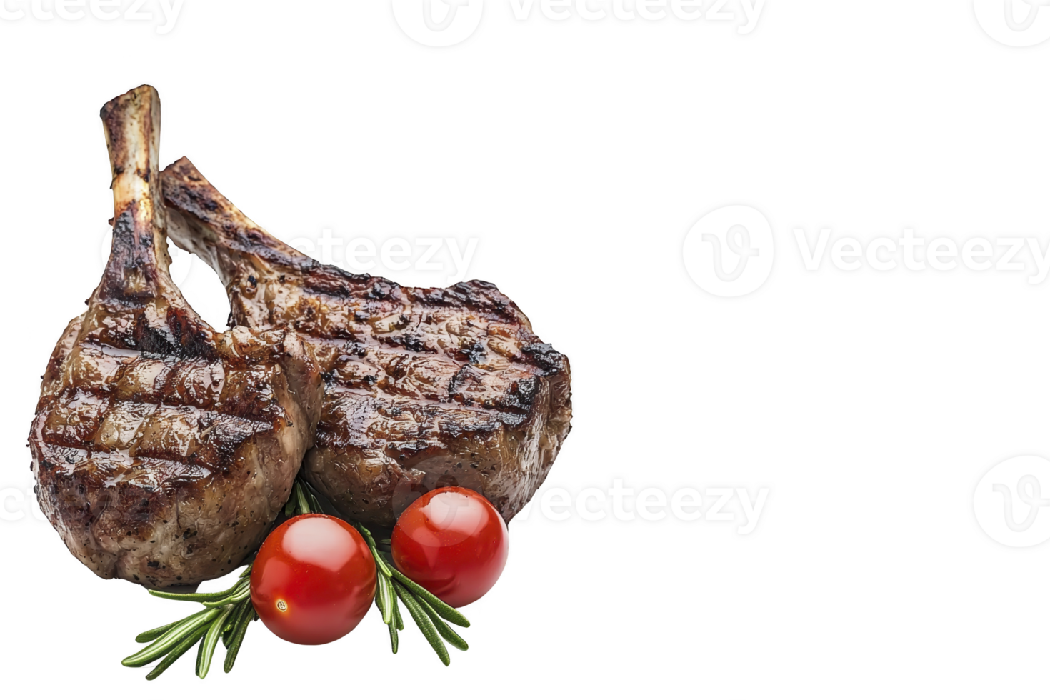 A Grilled lamb chops with rosemary and cherry tomatoes on transparency background create delicious and appetizing presentation png