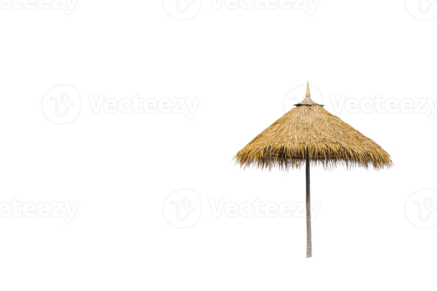 A single straw beach umbrella stands against clear background, evoking sense of relaxation and tropical vibes. umbrella natural texture and color contrast with simplicity of scene png