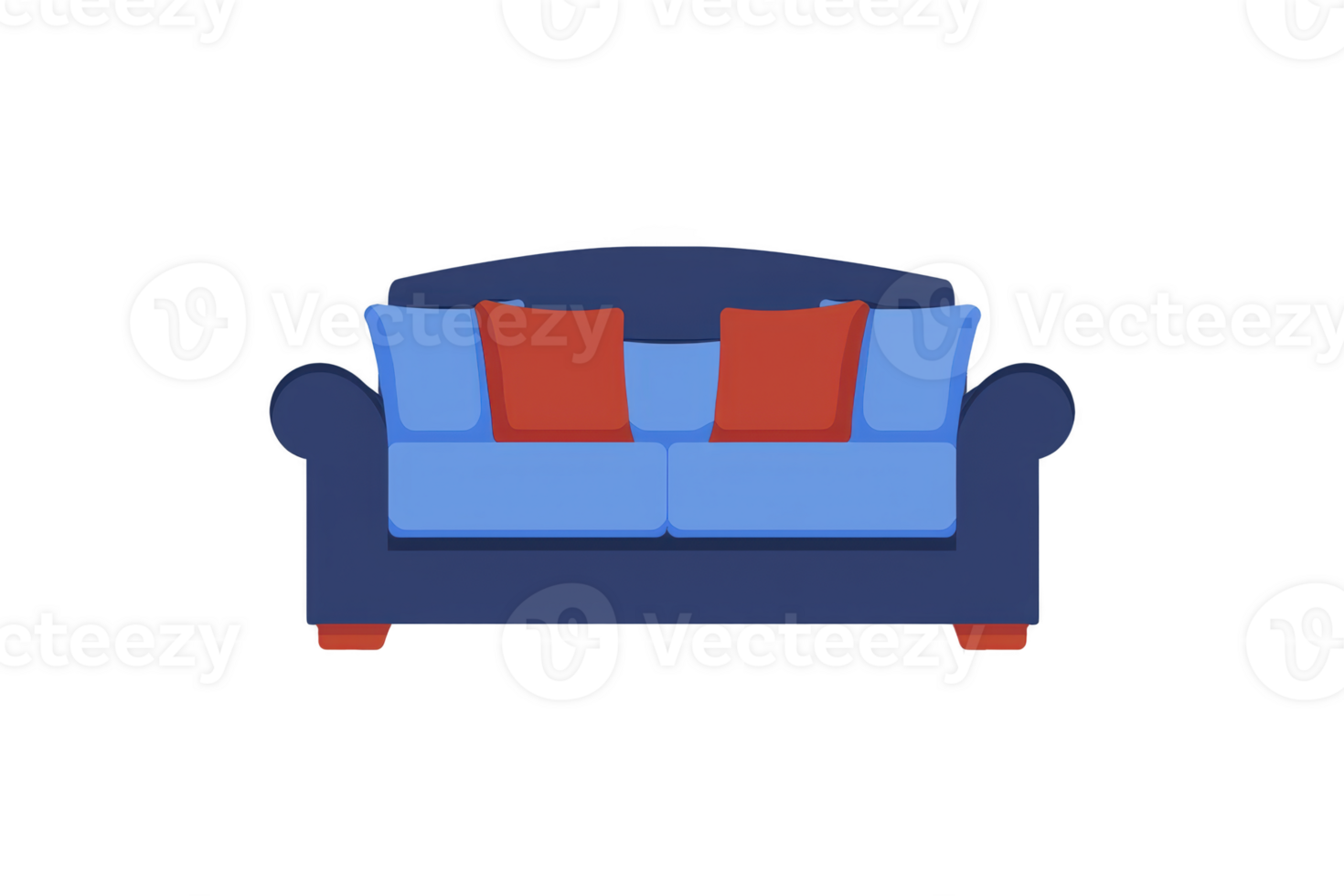 A comfortable blue sofa with red and blue cushions is depicted, showcasing modern and inviting design perfect for living room setting png