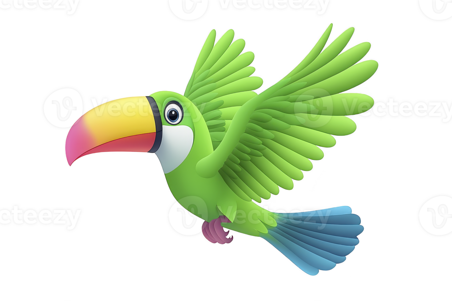 A vibrant, cartoon style green toucan with colorful beak is depicted in mid flight, showcasing its lively and playful nature. bird wings are spread wide, and its tail feathers are striking blue png