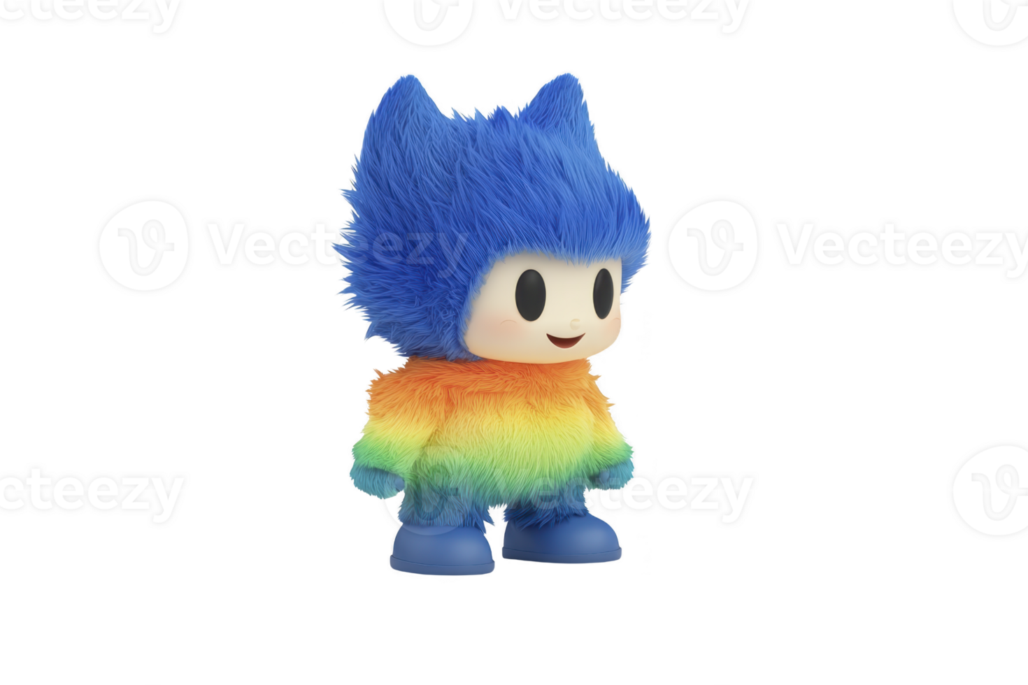 A cute, colorful character with fluffy rainbow outfit and blue hair stands cheerfully. character design is playful and vibrant, evoking sense of joy and whimsy png