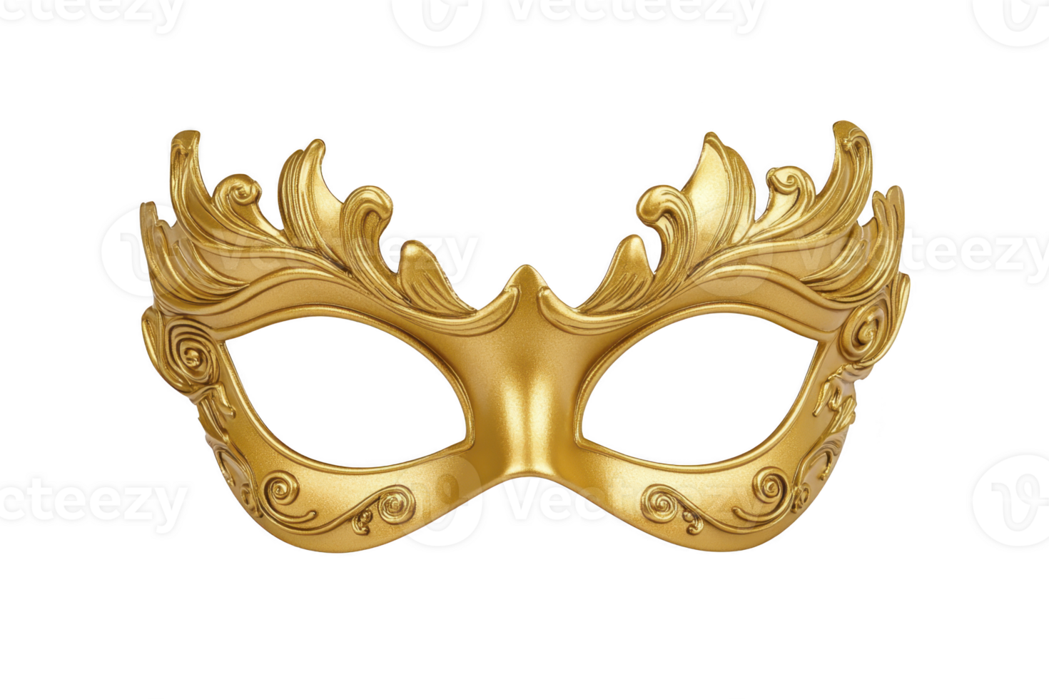 A decorative gold masquerade mask with intricate swirling patterns and elegant design, perfect for festive or mysterious event. mask exudes sense of luxury and sophistication png