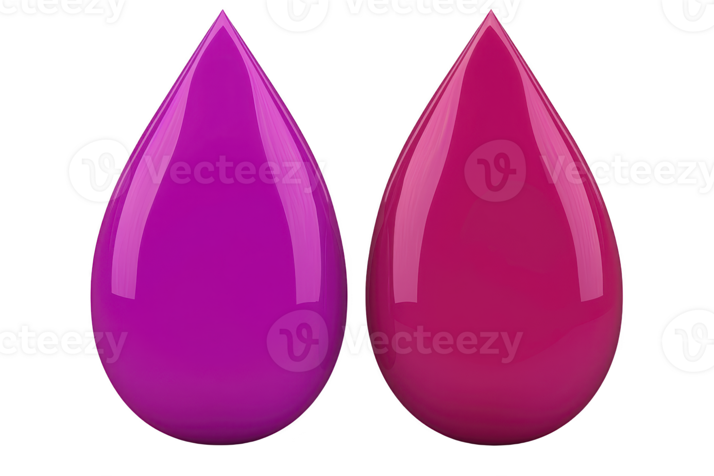A Two glossy, colorful teardrop shapes in vibrant purple and pink stand side by side, reflecting light and creating smooth, shiny appearance. image conveys sense of modern design and simplicity png