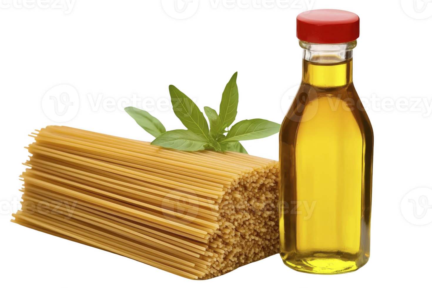 A bundle of uncooked spaghetti lies next to bottle of olive oil, with fresh basil leaves adding touch of green. arrangement suggests classic Italian meal preparation png