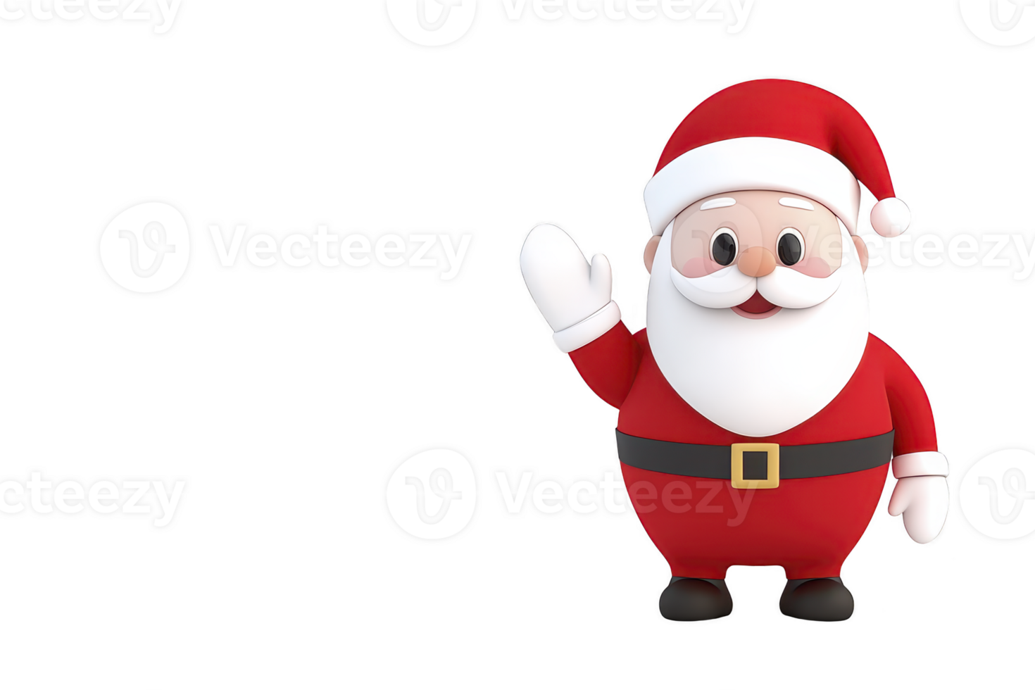 A cheerful cartoon Santa Claus waves with smile, dressed in his classic red suit and hat, complete with white beard and black belt, set against plain background png
