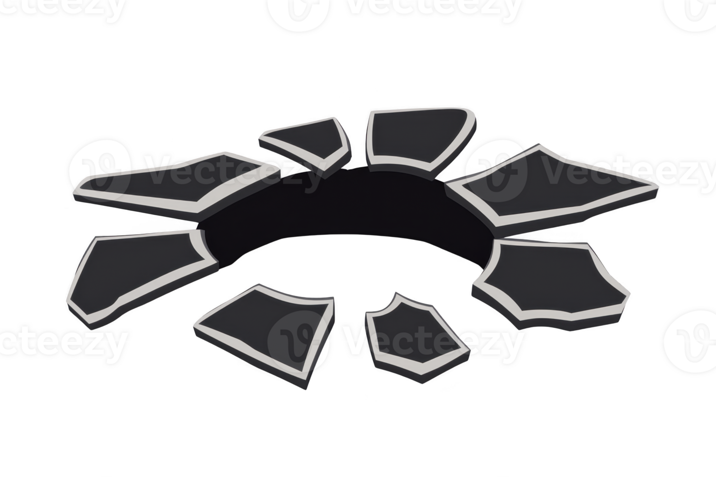 A set of broken, irregularly shaped black pieces with white edges arranged circular pattern, resembling shattered glass or fragmented object. pieces are scattered, creating dynamic and chaotic png