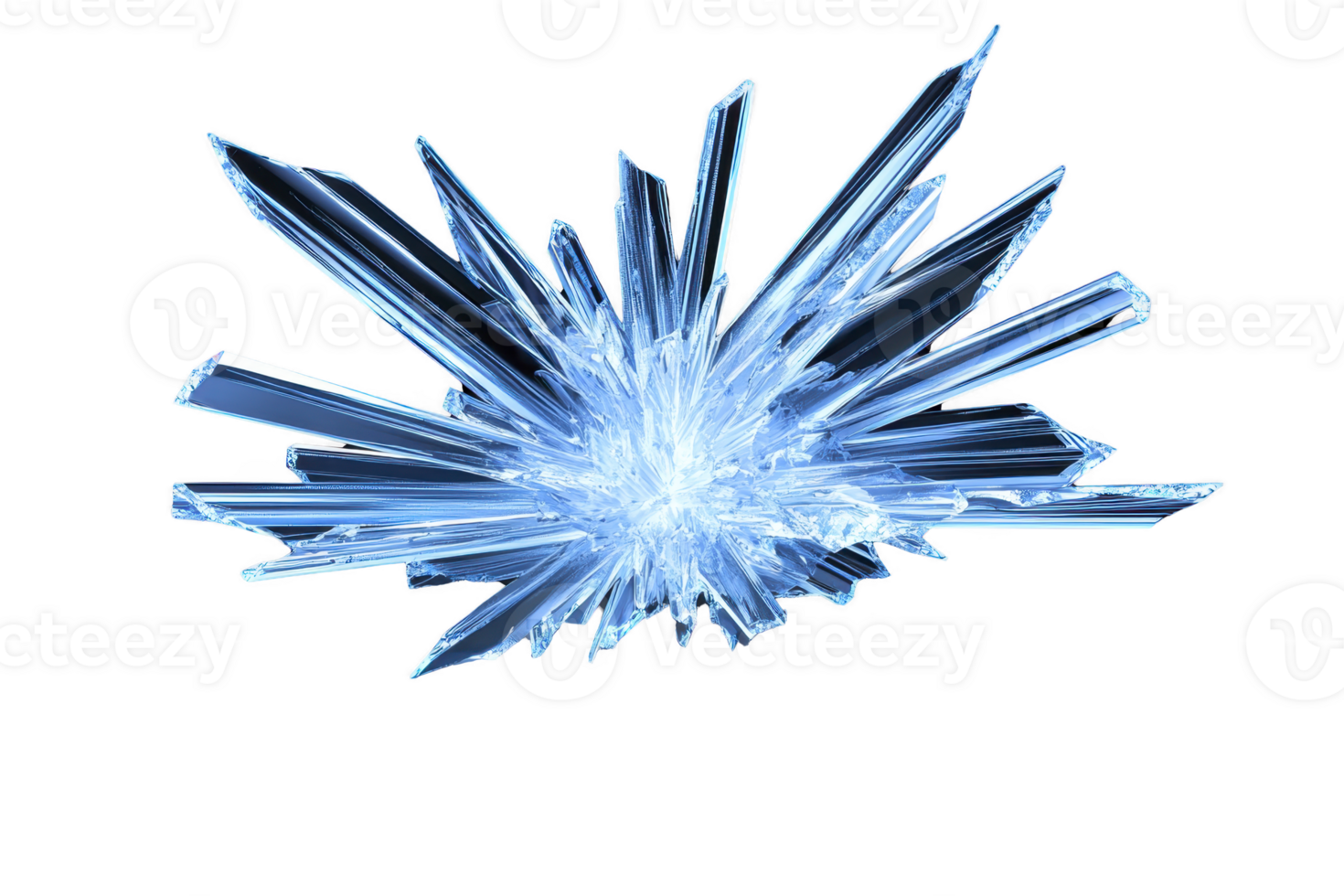 A cluster of sharp, translucent blue crystals radiates outward, creating striking and dynamic visual effect. intricate structure and vibrant color evoke sense of wonder and beauty png