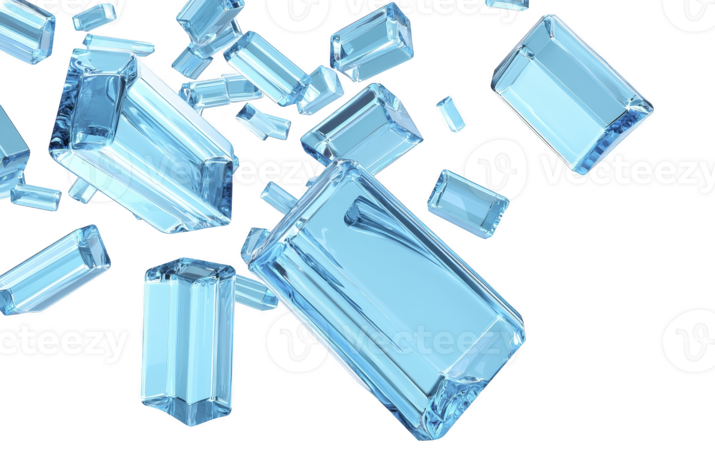 A Shiny blue crystal blocks floating in mid air, creating sense of weightlessness and elegance. transparent geometric shapes reflect light beautifully, adding touch of sophistication png