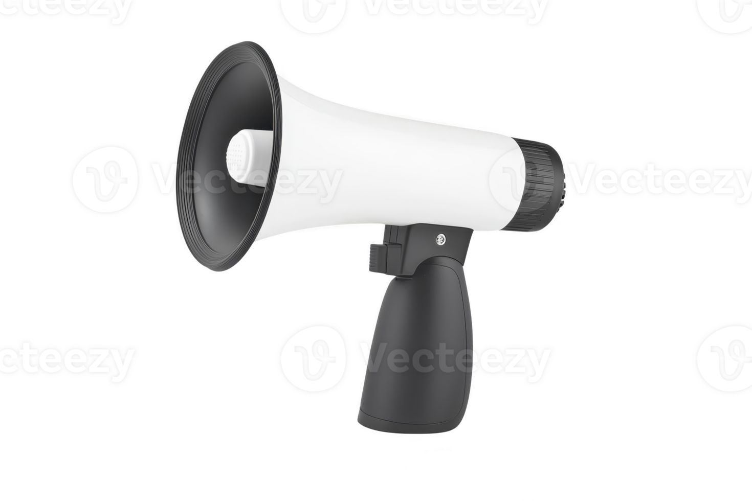 A black and white megaphone with sleek design is shown, featuring black handle and white horn. megaphone is angled to right, highlighting its modern and functional appearance png