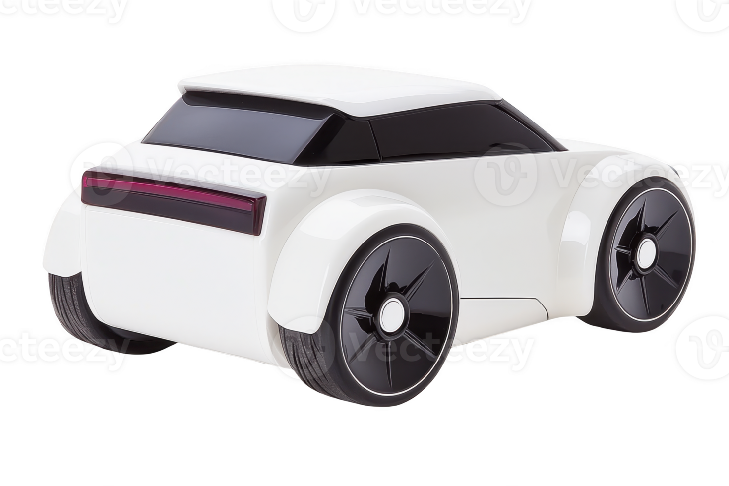 A sleek, futuristic white toy car with minimalist design and black wheels, showcasing modern aesthetic. car smooth curves and compact shape give it stylish and playful appearance png