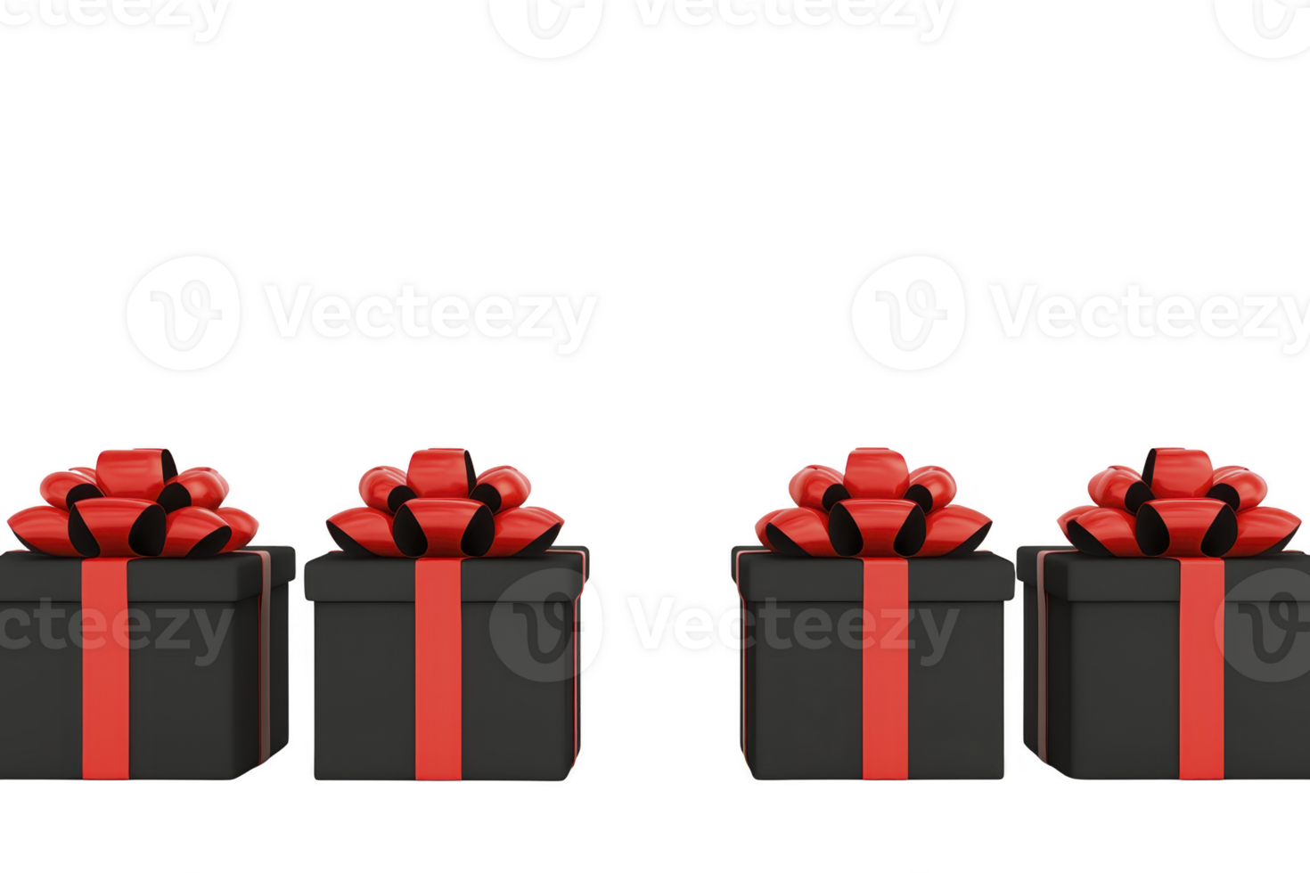 A Four elegant black gift boxes with vibrant red ribbons are neatly arranged in row, creating festive and sophisticated atmosphere. Perfect for celebrations and special occasions png