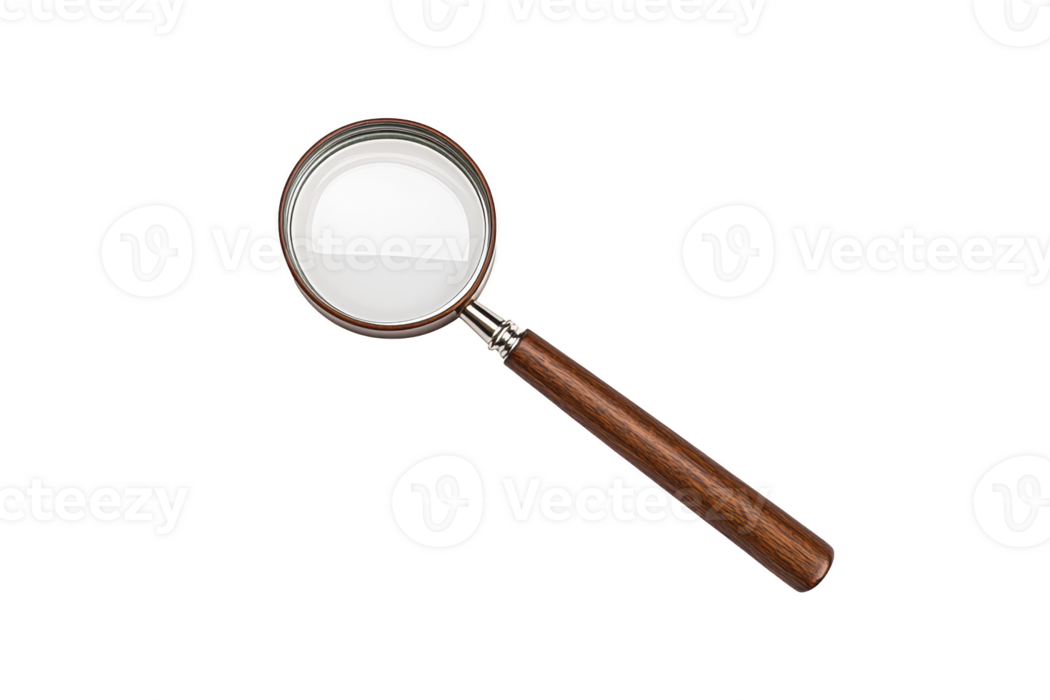 A magnifying glass with wooden handle and metal rim is isolated on transparency background, showcasing its simplicity and functionality png