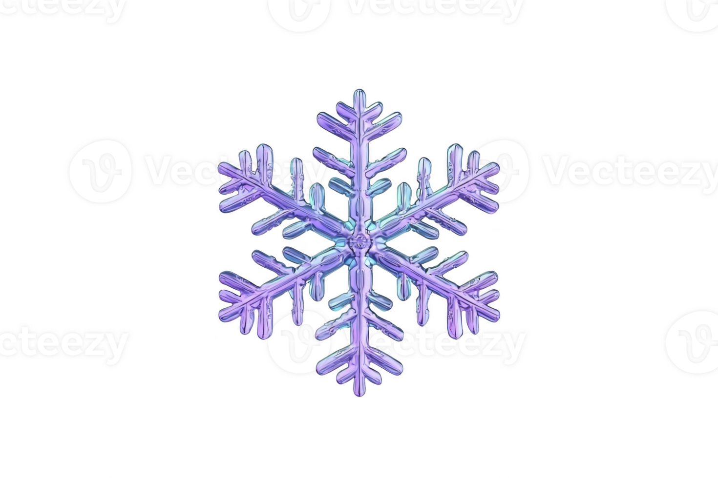 A detailed, vibrant snowflake with gradient of blue and purple hues, showcasing intricate patterns and symmetry. design captures delicate beauty and uniqueness of single snowflake png