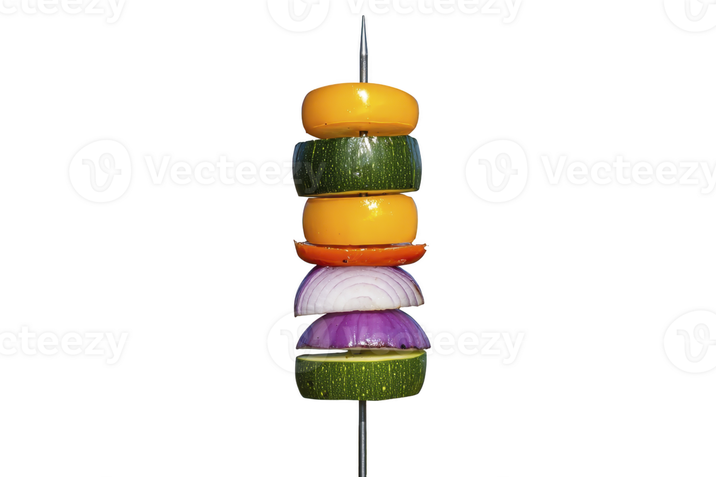 A Grilled vegetable skewer with vibrant colors including yellow bell pepper, zucchini, and red onion, perfect for healthy barbecue png