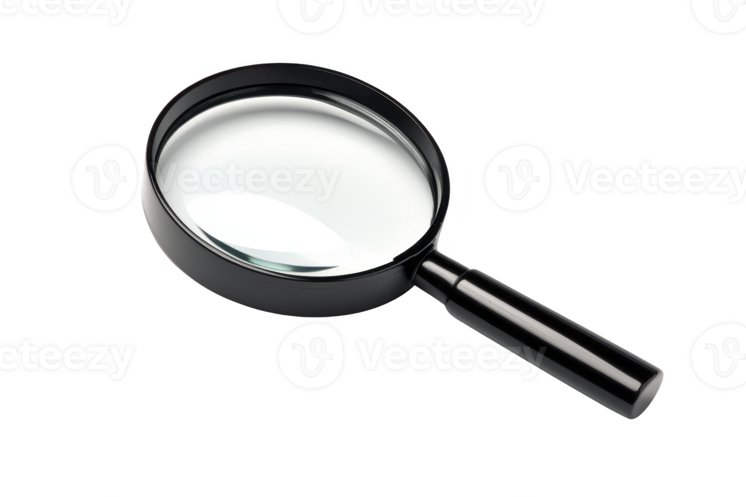A black magnifying glass with clear lens is shown on transparency background, highlighting its sleek design and functionality png