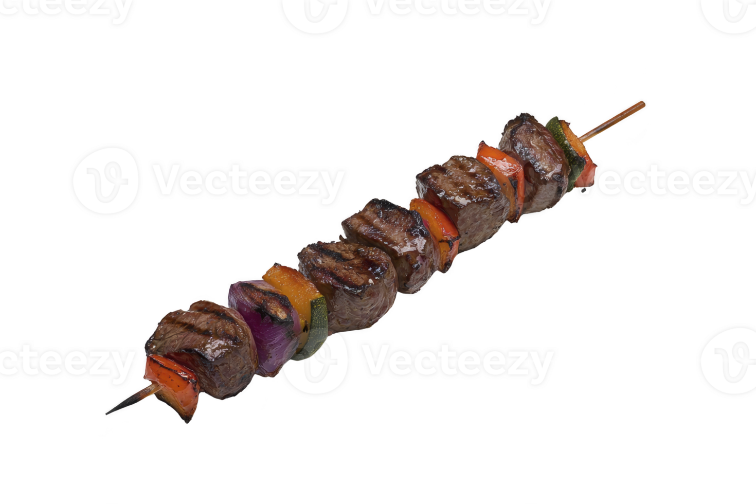 A Grilled beef skewer with colorful vegetables on wooden stick, featuring juicy meat and vibrant peppers and onions, perfect for barbecue or picnic png