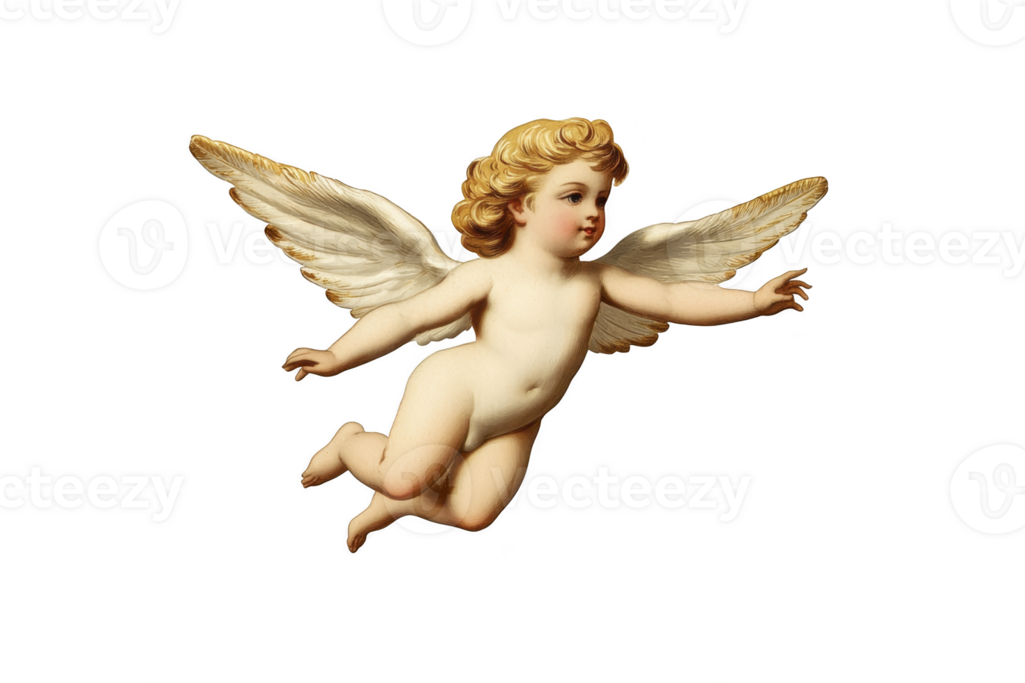 A cherubic angel with golden curls and delicate wings is depicted in mid flight, exuding sense of innocence and grace. angel serene expression adds to ethereal atmosphere png