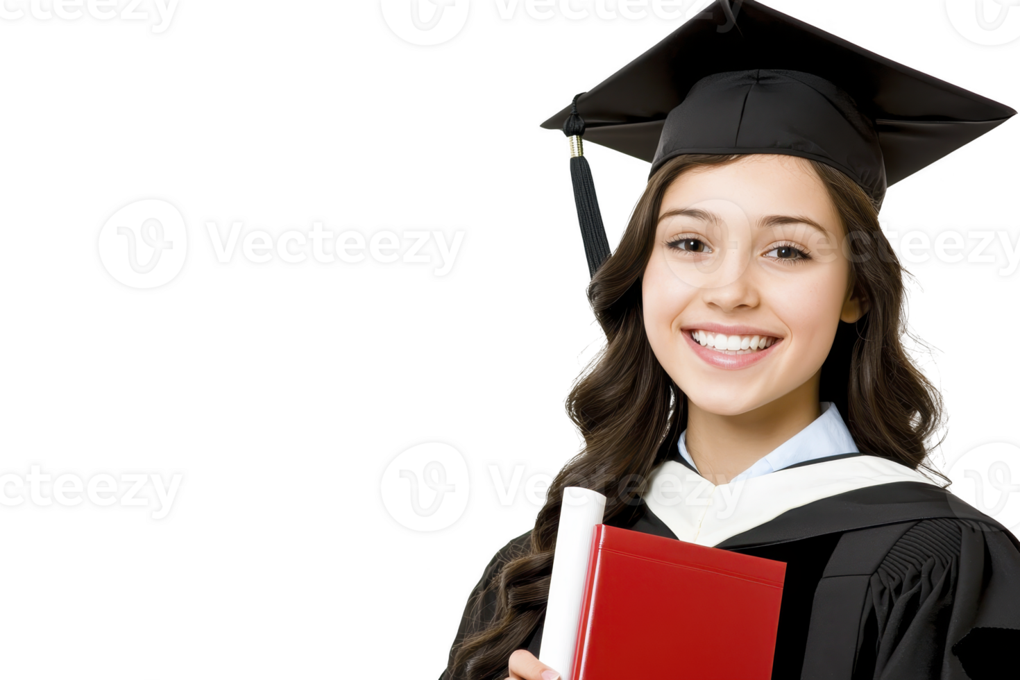 A smiling graduate in cap and gown holds diploma and red book, symbolizing academic achievement and success. image conveys sense of accomplishment and joy png