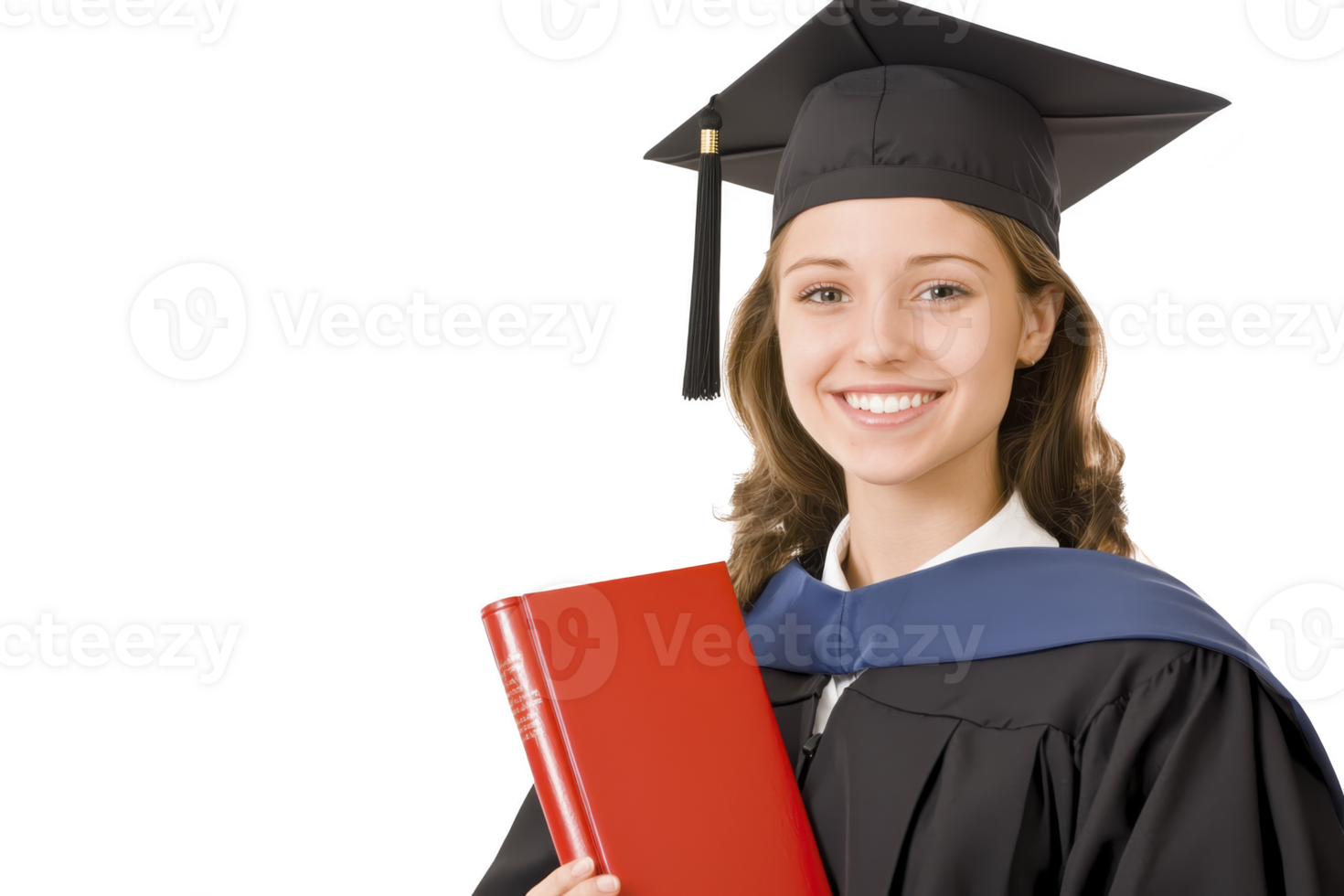 A smiling graduate in cap and gown holds red book, symbolizing academic achievement and success. image conveys sense of accomplishment and joy png