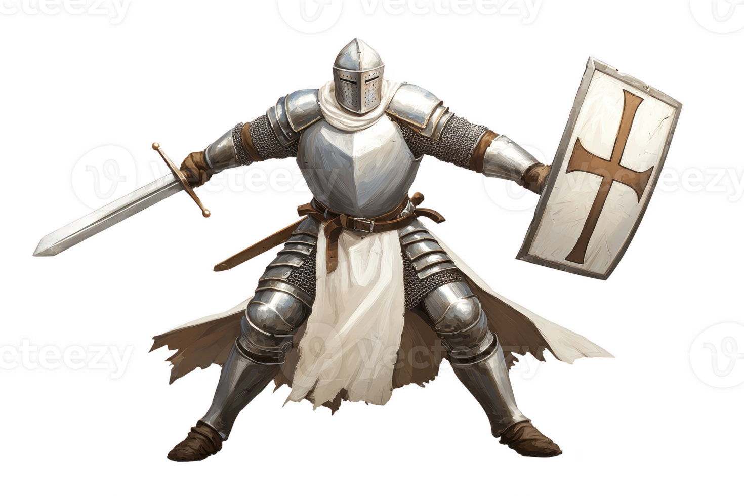 A medieval knight in shining armor stands ready for battle, holding sword and shield with cross. knight stance is defensive yet poised for action, evoking sense of bravery png