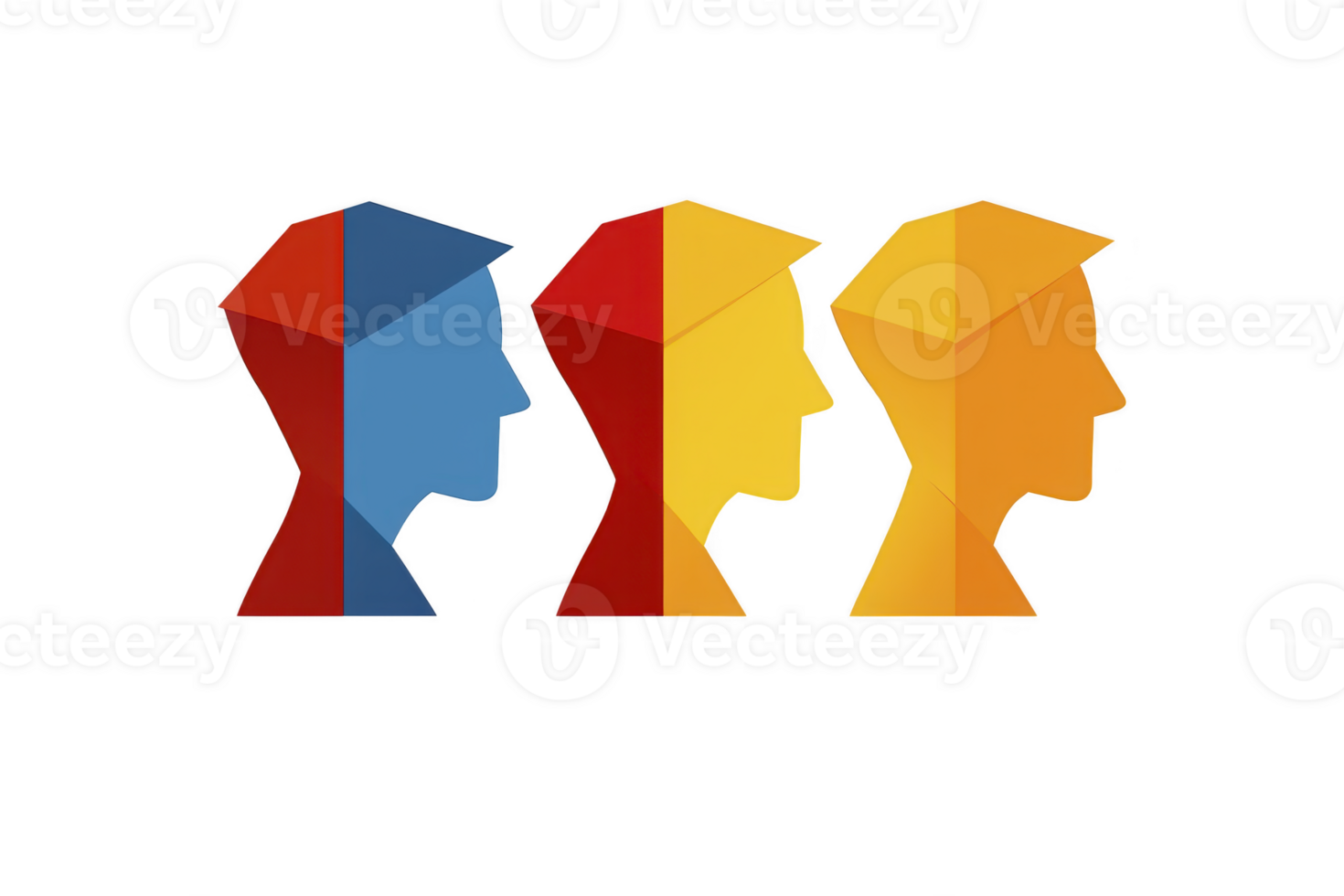 A Geometric illustration of three human profiles in blue, yellow, and orange, showcasing modern and abstract design. profiles are aligned side by side, creating visually striking composition png