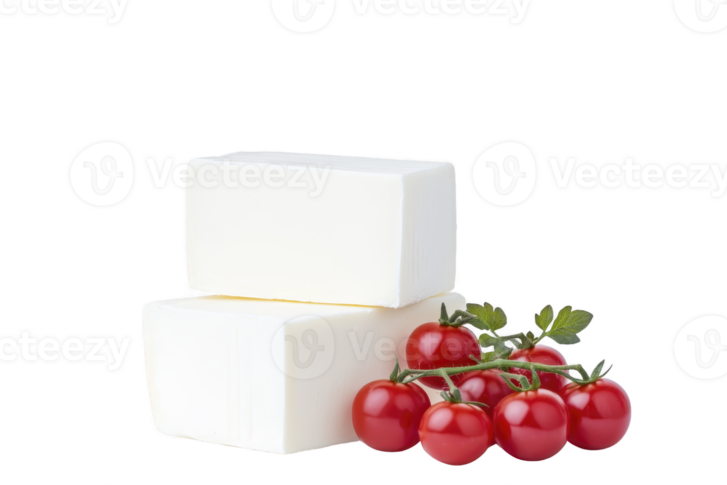 A Two blocks of white cheese are stacked beside cluster of fresh, vibrant cherry tomatoes, creating delightful contrast. scene is simple yet appetizing, perfect for culinary inspiration png