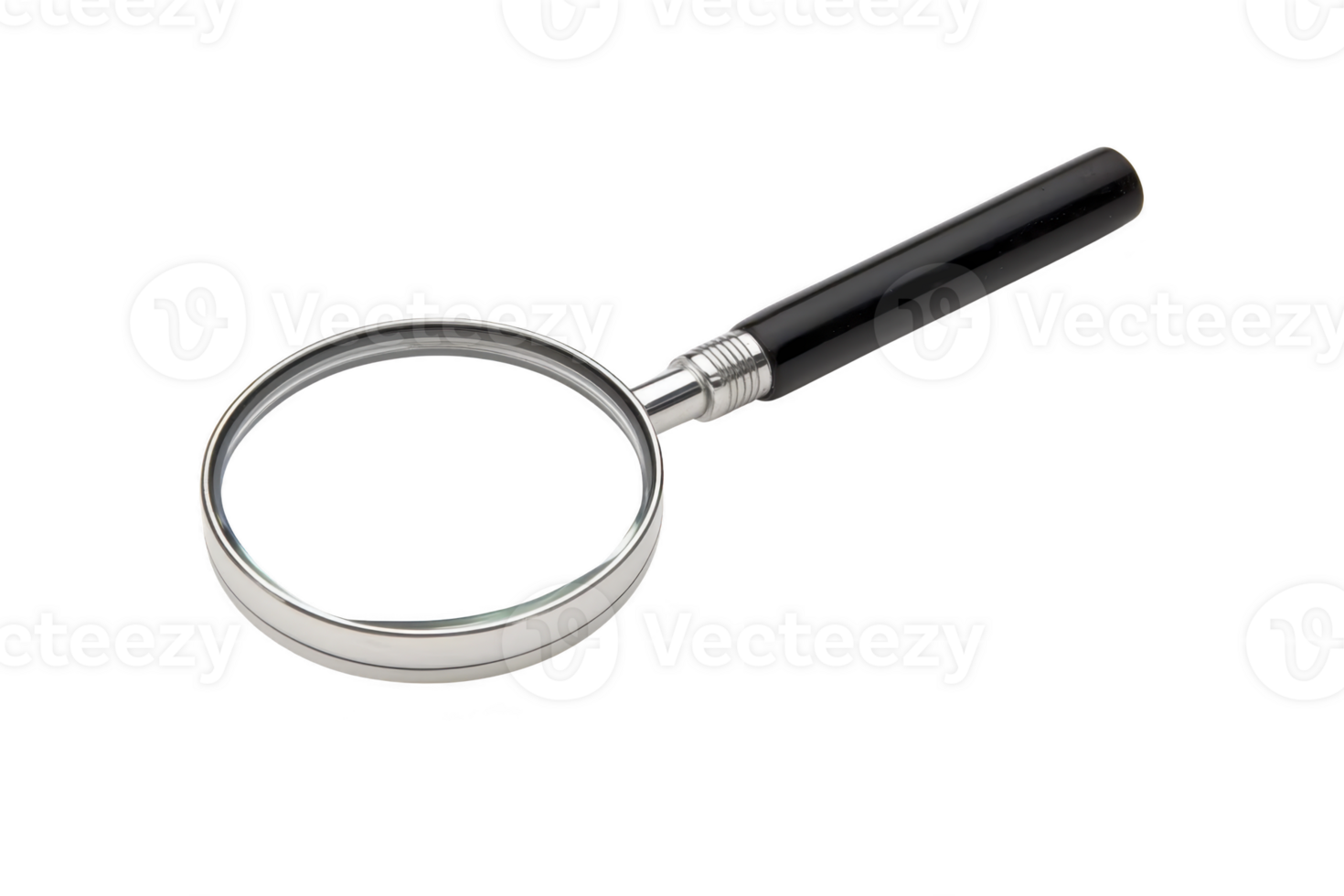 A magnifying glass with black handle and silver rim is isolated on transparency background, symbolizing investigation and curiosity png