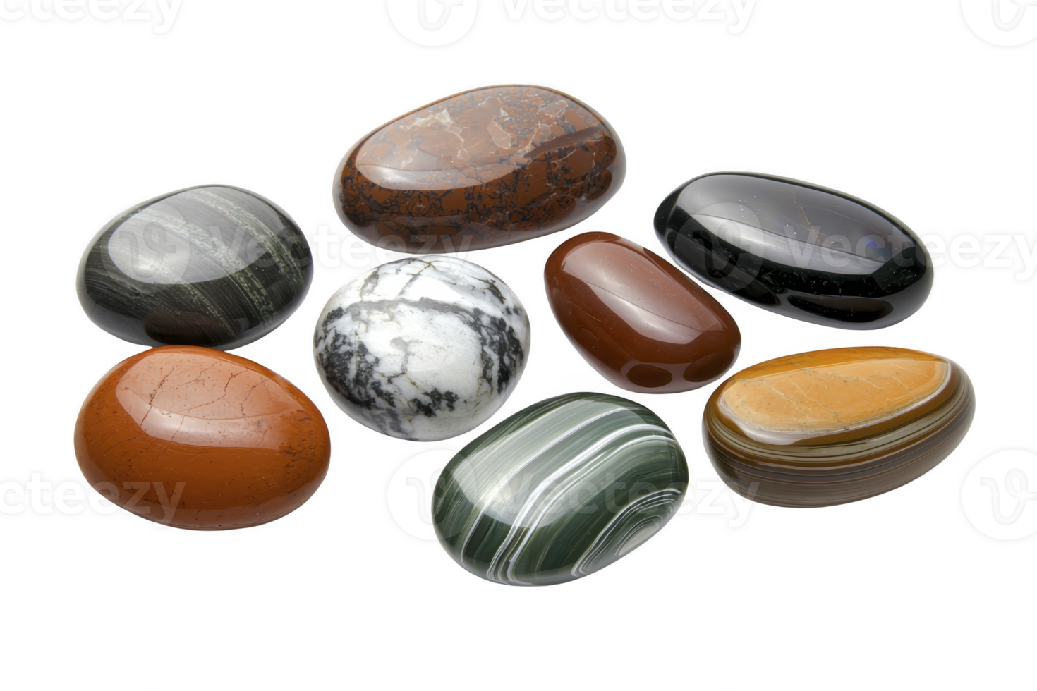 A Smooth, polished stones various colors and patterns are arranged transparency background, showcasing their natural beauty and unique textures. These stones include shades of brown, green, gray png