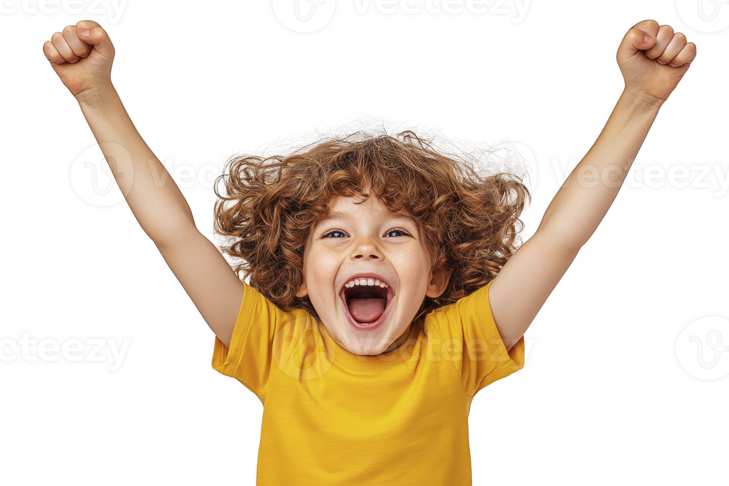 A joyful child with curly hair and yellow shirt raises their arms in excitement, expressing happiness and enthusiasm. background is plain, highlighting child cheerful expression png