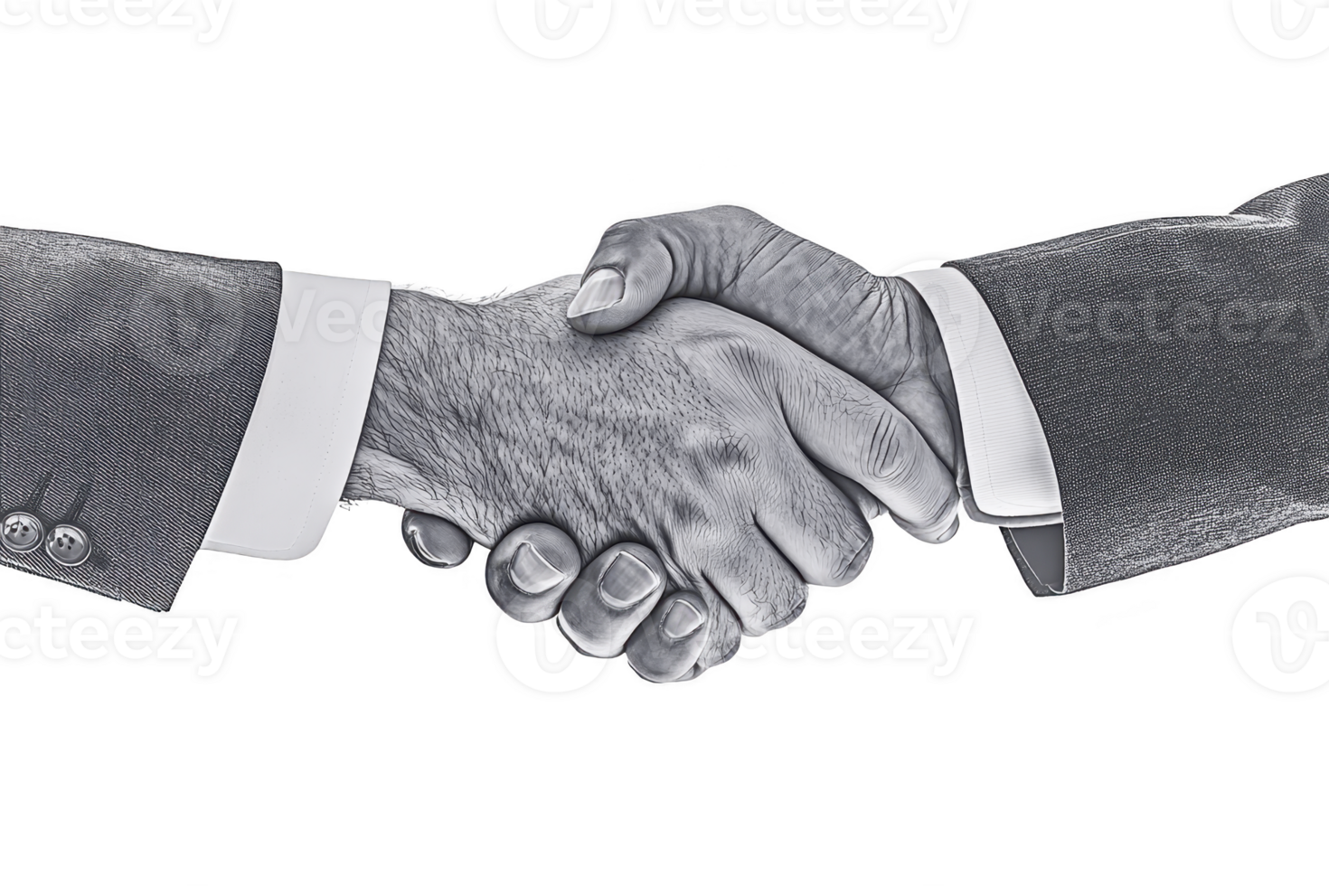 A grayscale image of two hands shaking, symbolizing agreement and partnership. hands are in focus, with one wearing suit, indicating professional setting png