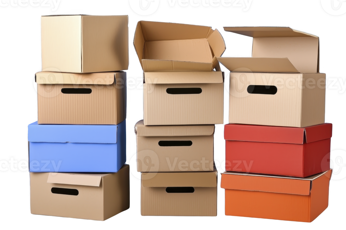 A stack of colorful cardboard boxes, including blue, red, and brown, is arranged in variety of sizes, some open and some closed, ideal for storage or moving png