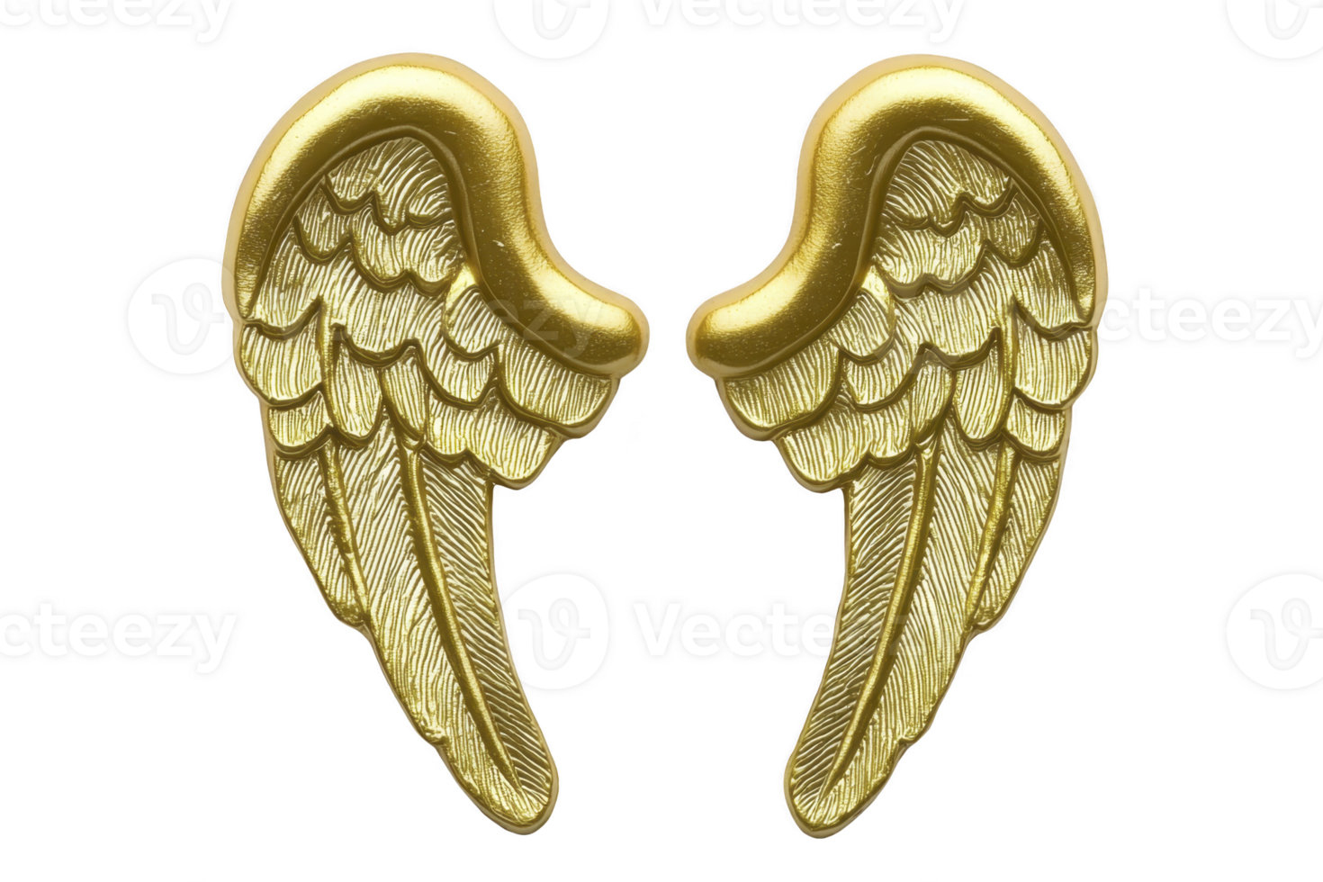 A Golden angel wings with intricate feather details, symbolizing spirituality and freedom. wings are symmetrical and have shiny, metallic finish, evoking sense of elegance and grace png