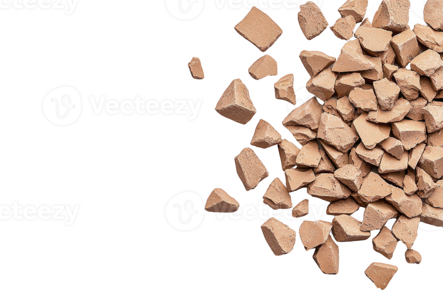 A Crushed beige makeup powder scattered on transparency background, showcasing various sizes of broken pieces. texture is rough and color is warm, neutral tone png