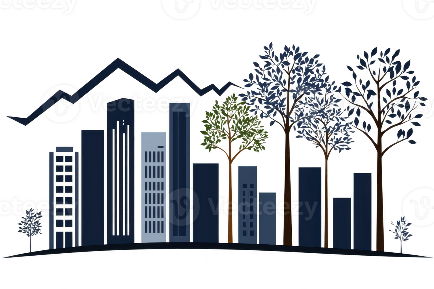 A stylized illustration of cityscape with tall buildings and trees, set against backdrop of mountains. image combines urban and natural elements, creating harmonious balance png