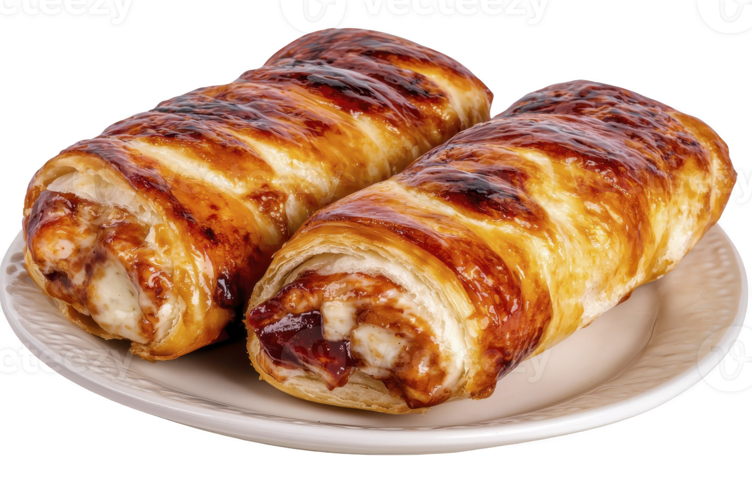 A Two golden brown pastries filled with sweet, sticky filling are placed on white plate, showcasing deliciously flaky texture and glossy finish png