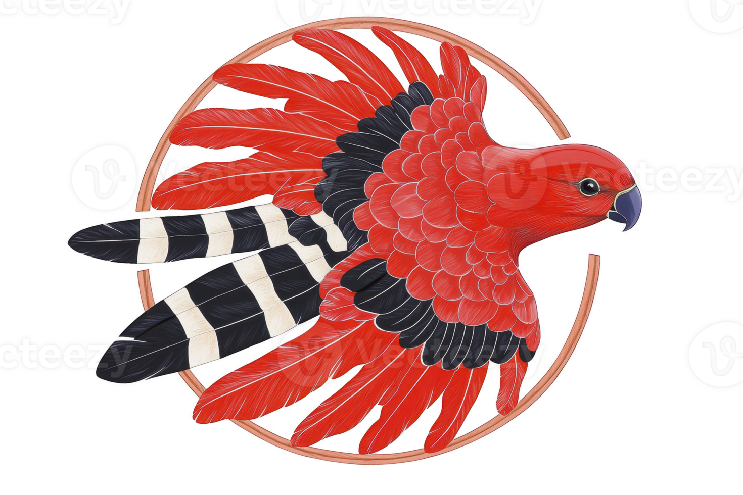 A vibrant red bird with black and white striped wings is depicted in circular design, showcasing intricate feather details and bold, striking appearance png