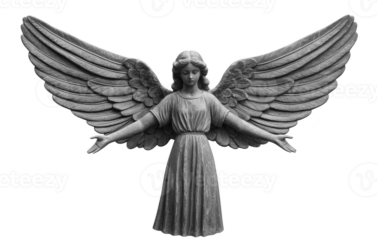 A serene stone angel statue with outstretched wings and open arms symbolizes peace and protection. detailed craftsmanship highlights angel graceful features and flowing robe png